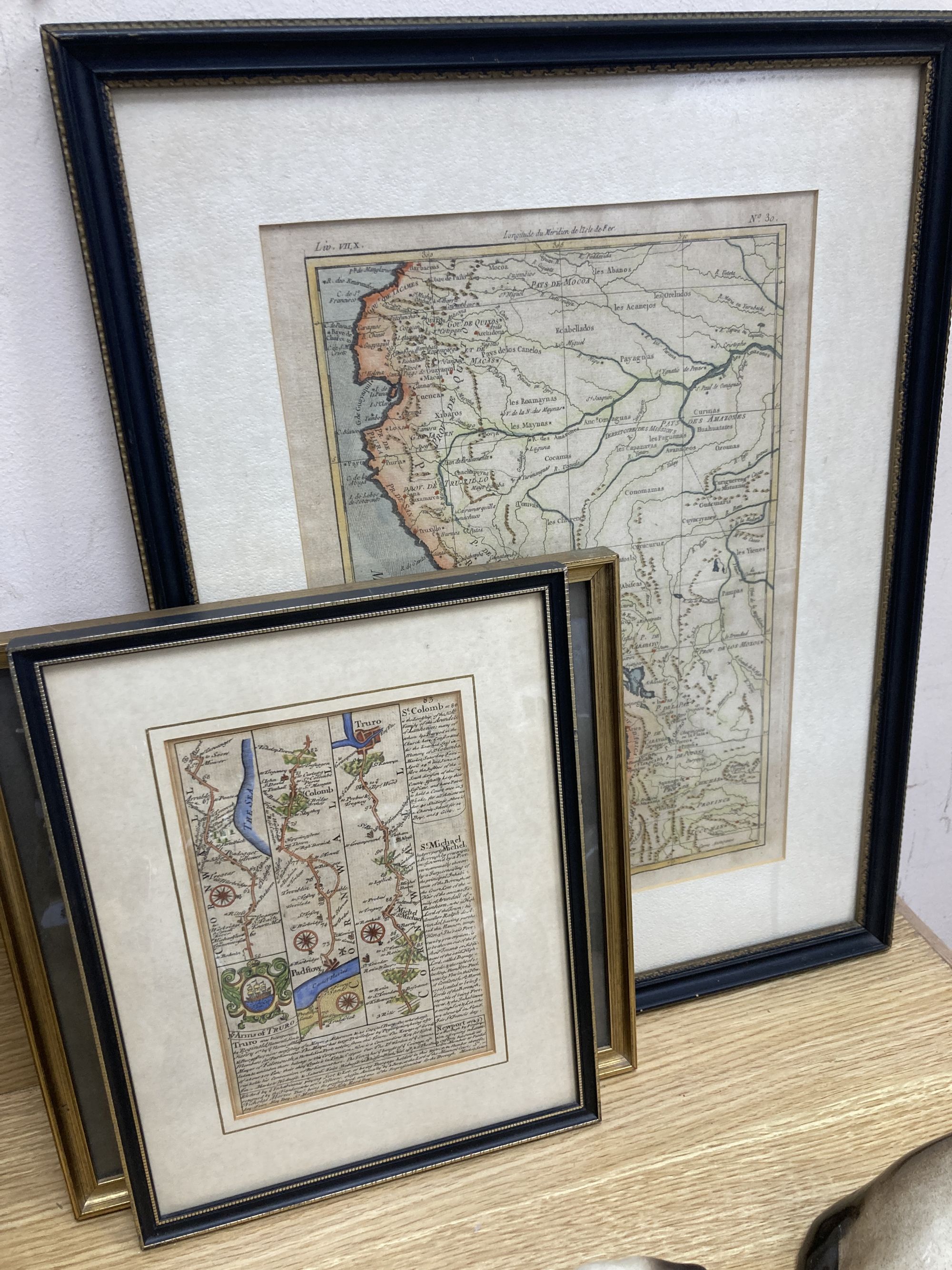 Three 18th century hand coloured engraved maps of Dorsetshire, The Road to Truro and Perou, largest 34 x 24cm